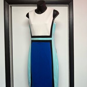 Elegant Colorblock Dress in White, Blue, and Aqua